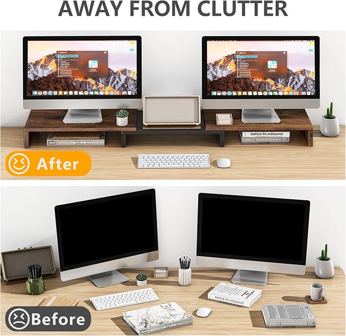 TAVR Dual Monitor Stand Riser, Wooden Computer Monitor Stand for 2 Monitors | Extra Long Multifunctional Desktop Organizer Riser for TV, PC Monitor, Laptop, Printer, Max 43.3" Length, Rustic Brown