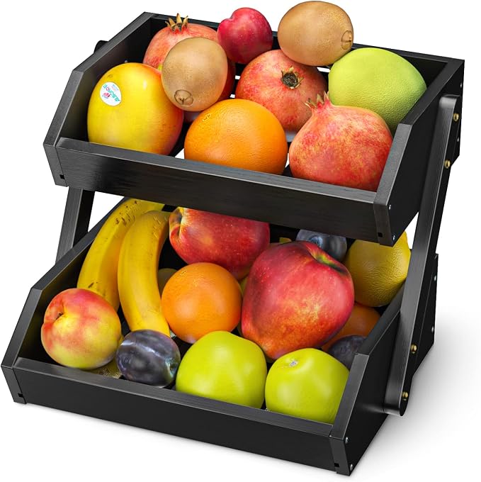 G.a HOMEFAVOR 2-Tier Fruit Basket for Kitchen Counter, Black, Self-assembly | Bamboo Fruit Bowl, Vegetable Storage for Fruit Shop and Home Organizer, 15 mm Thickness
