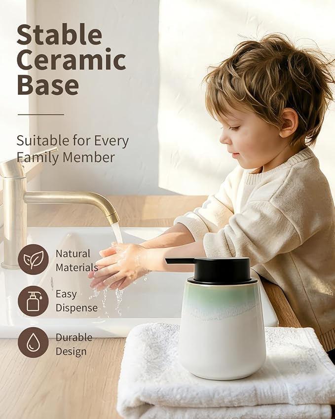 Bosilunlife 12Oz Ceramic Foam Soap Dispenser for Bathroom Kitchen Counter | Premium countertop foam pump creates delicate dense foam, stable desktop placement, Blue-Green Rim