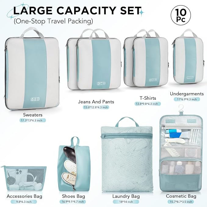 OlarHike 10 Set Compression Packing Cubes for Travel Essentials,Compressible Expandable Space Saver Bags for Organizing Clothes,Luggage Suitcase Garment Bags with Over 1000 pcs Mesh Holes(Blue Gray)