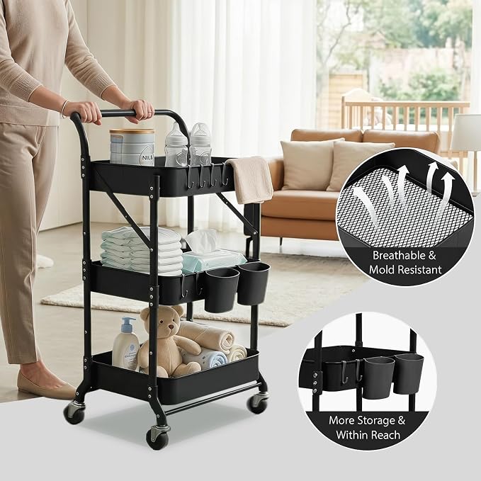 3 Tier Foldable Rolling Cart with Wheels, Folding Utility Cart Organizer, Collapsible Rolling Storage Cart with 3 Hanging Cups & 6 Hooks for Kitchen, Office, Nursery(Black)
