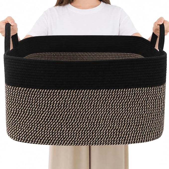 65L Collapsible Woven Rope Laundry Basket with Handles,Black/Jute | 21x16x12 Foldable Rectangular Blanket Basket for Toys, Clothes & Pillows,Ideal for Nursery, Bathroom, Bedroom, Living Room