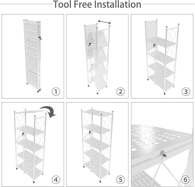 5 Tier Folding Shelf with Wheels | No Assembly, Portable,Suitable for kitchen, bedroom, living room, garage,64.6*28*13.4in