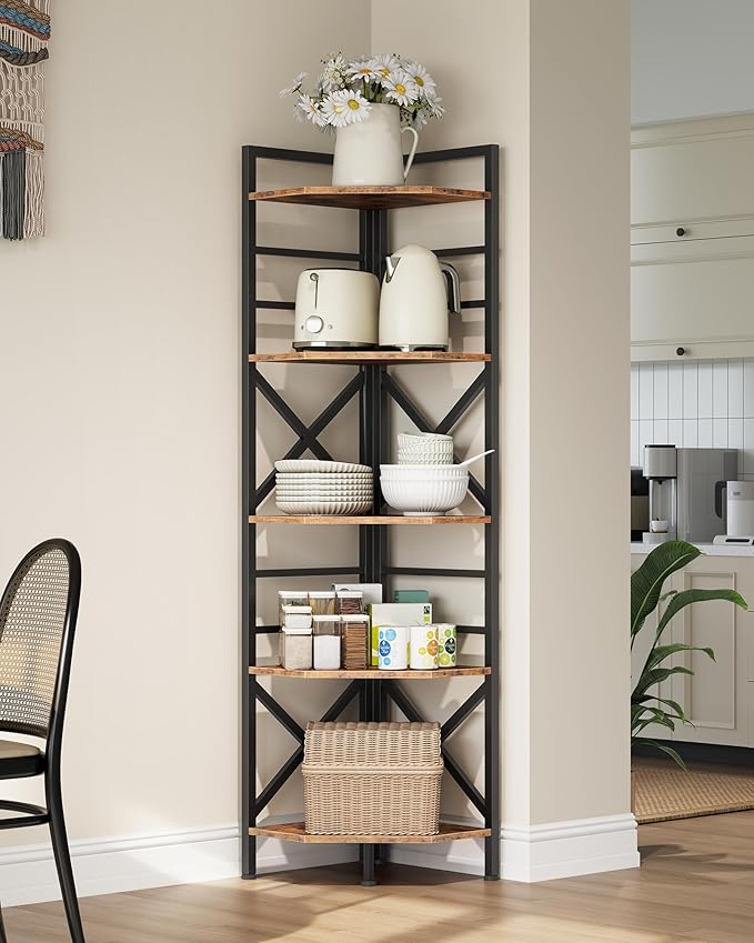 CHOEZON 69.3" Corner Shelf 5-Tier, Large Corner Shelving, Freestanding Storage Stand for Bedroom, Living Room, Kitchen, Industrial Engineered Wood Bookshelf Organizer, Rustic Brown and Black TCJ15BF