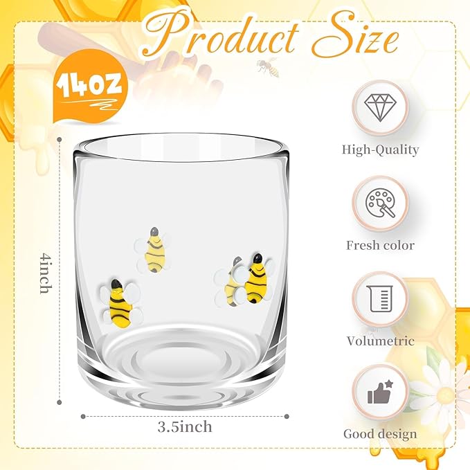 14 Ounce Icon Juice Glasses, Aesthetic Cocktail & Old Fashioned Drinking Glasses, Iconic Clear Glass Cups for Women, Sister, Friend & Party Gifts (Bee)