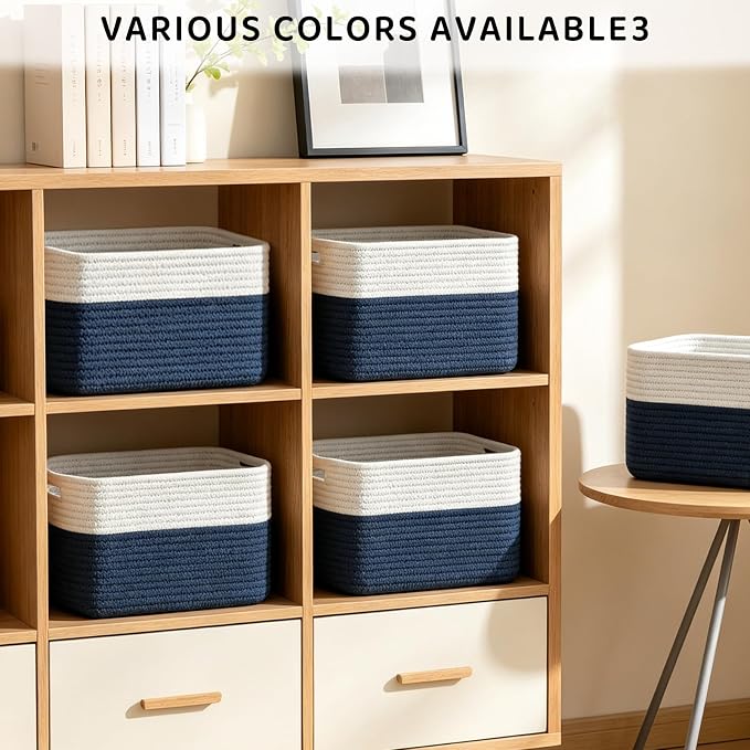 4 Pack Storage Baskets for Organizing, 11''Lx9''Wx8''H Woven Baskets for Storage Toys, Towels, Books, and Clothes, Cotton Rope Basket for Shelves with Handle