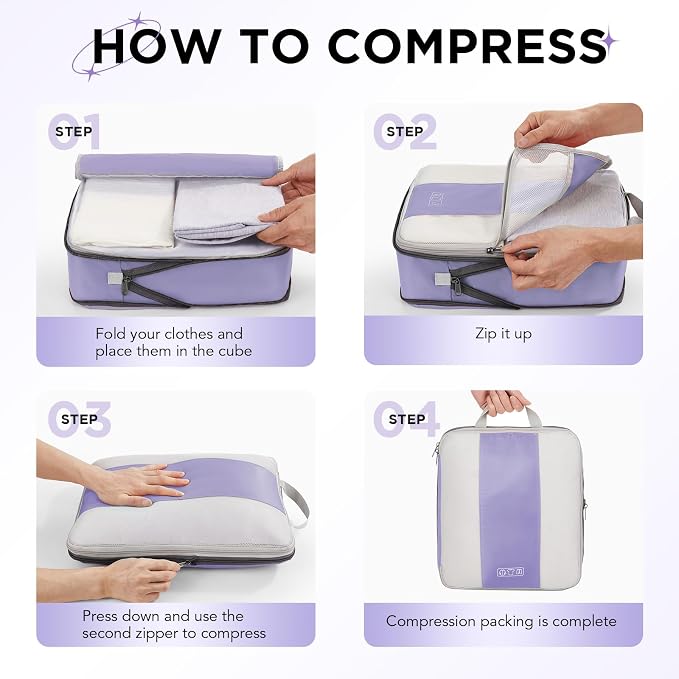 OlarHike 10 Set Compression Packing Cubes for Travel Essentials,Compressible Expandable Space Saver Bags for Organizing Clothes,Luggage Suitcase Garment Bags with Over 1000 pcs Mesh Holes(Purple Gray)