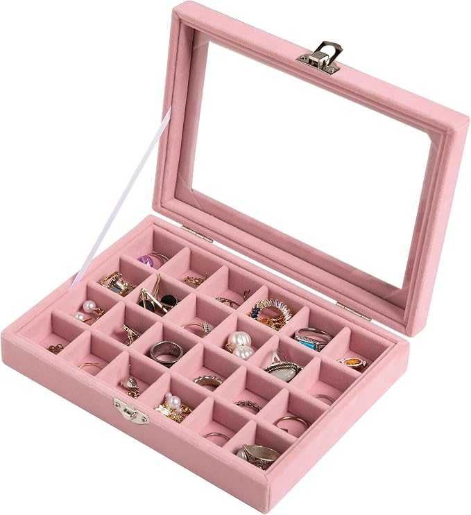Frebeauty 24 Grid Earring Organizer,Small Velvet Jewelry Tray with Lid | Portable Jewelry Box for Rings Stud,Velvet Lining for Protecting Jewelry,Adjustable Dividers,Glass Lid for Clear Review