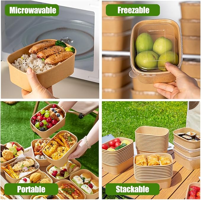 50 Pack 35Oz Disposable Meal Prep Containers With Lids and Forks-Disposable Kraft Paper Bowls-to go food containers-Microwavable and Freezer Safe Take Out Containers for Hot/Cold Food Prep and Salad