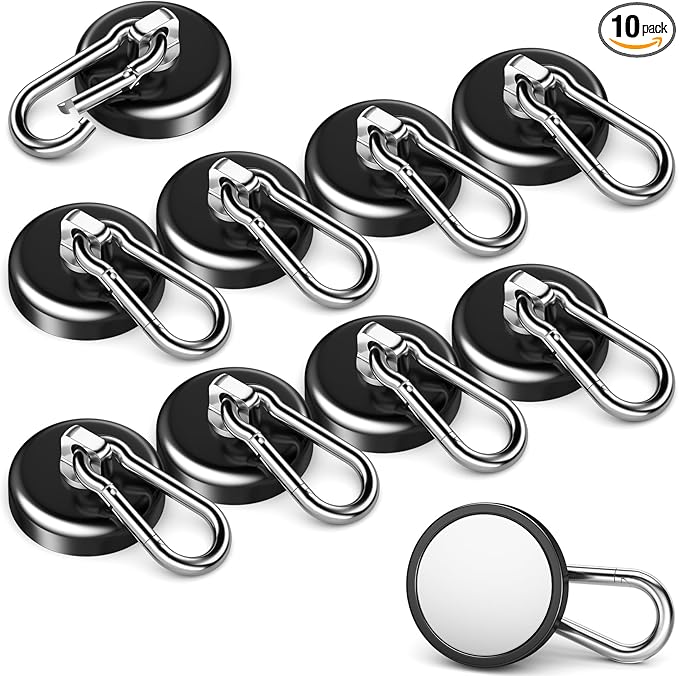 FINDMAG Heavy Duty Magnetic Hook, 150LBS+ Strong Black Magnetic Carabiner with Hooks, Neodymium Magnets Hooks for Hanging, Magnets with Swivel Carabiner Hook for Cruise Cabins, Home, Garage, 10 Pack