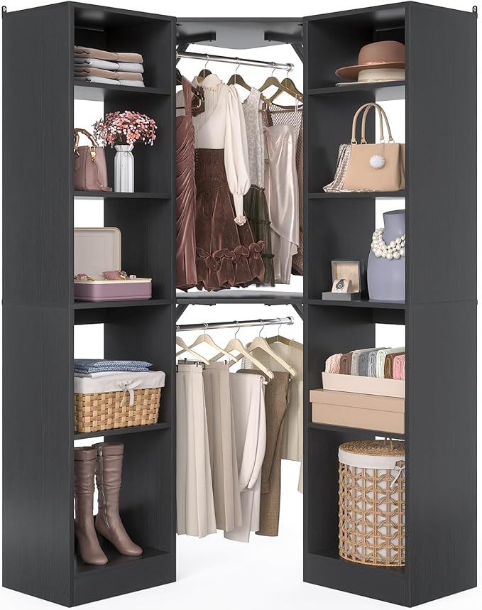 Besiost Corner Closet System with 12 Shelves, 39.2" Corner Closet Organizer System with 2 Hanging Rods, Versatile 6-Tier Walk-in Closets for Corner Space, Black (39.2" L x 39.2" W x 80" H)