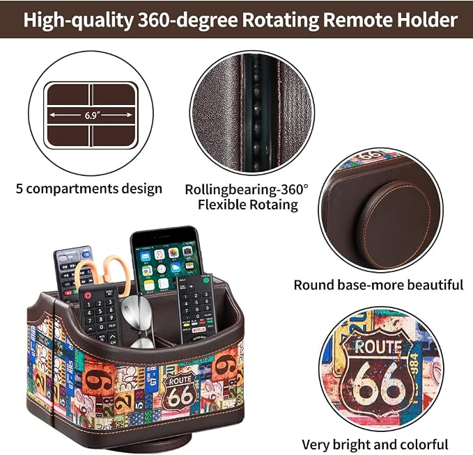 PUSU Remote Control Holder,Colorful Pattern Nightstand TV Caddy,Pen Holder | PU Leather 360 Degrees Rotatable Desktop Organizer Storage Box for TV Remotes/Media Controllers/Office Supplies/Mail