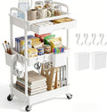 3 Tier Rolling Utility Cart with Drawer, Plastic Storage Organizer Rolling Carts with Wheels Handles Hanging Cups Hooks for Office, Bathroom, Kitchen,Craft Art Room (White)