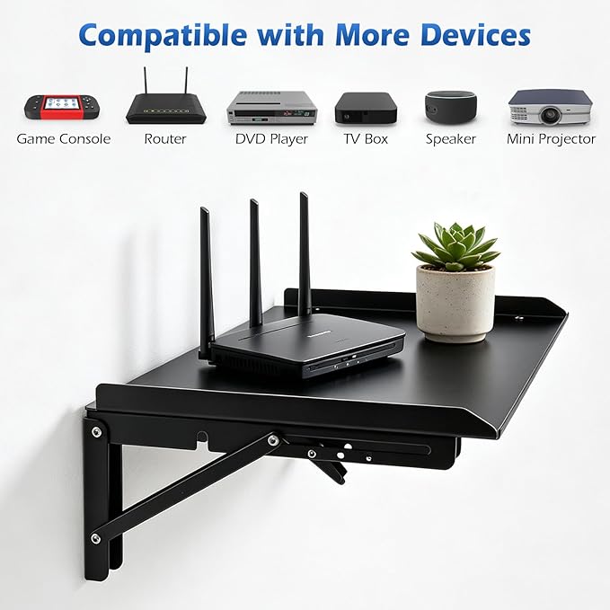 Folding Metal Floating Shelf, 16.9" x 11" Wall Mount Storage Rack with Lip, Heavy Duty Steel Fold Down Shelf for Garage, Kitchen, Bedroom, Office (Black)