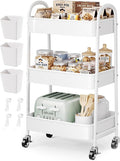 3 Tier Rolling Cart Metal with Wheels, Heavy Duty White Three Tiered Craft Cart Organizer on Wheels, Utility Roller Storage Carts for Art, Baby Nursery, Diaper Caddy, Snack,Book,Nail,Cleaning Supplies