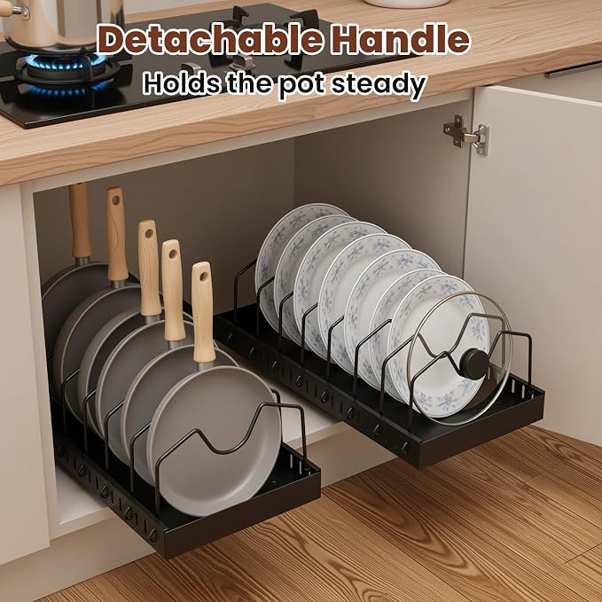 2 Pcs Pots and Pans Organizer Under Cabinet - Expandable Pull out Cabinet Organizer for Pots and Pans, Pan and Lid Organizers Inside Cabinet, Adjustable Storage Rack, Carbon Steel (Black)