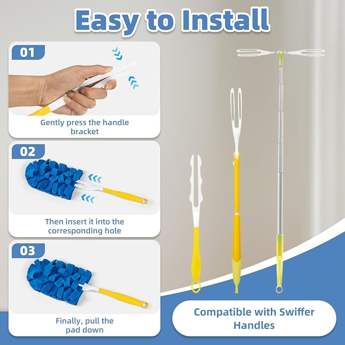 12 PCS Reusable Duster for Swiffer, Washable 360 Fleece Duster Refills for Fans, Floors, Blinds, Windows (Include 1 Handle & Laundry Bag)