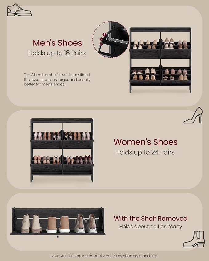 VASAGLE Shoe Storage Cabinet Organizer with 4 Flip Drawers, Freestanding Narrow Shoe Rack Cabinet for Entryway, Farmhouse Style, Fits 14 to 16 Pairs, Smoky Black UHSC403BJ01