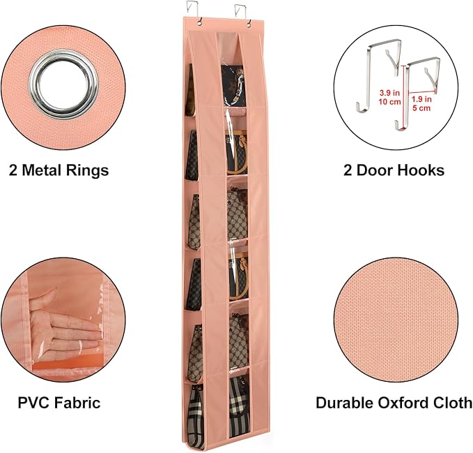Lirex Over The Door Purse Organizer, Space-Saving Medium and Large Handbag Storage Organizer Clothing Closet Hanger, Light Pink