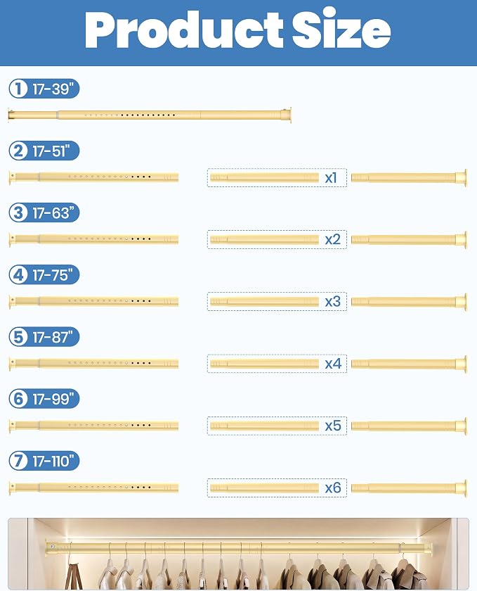 Closet Rod,17-110'',Heavy-Duty Adjustable Closet Rods for hanging clothes | Easy to Install,1.3 Inch Diameter 66 lbs max load,Heavy-Duty Thickened Metal