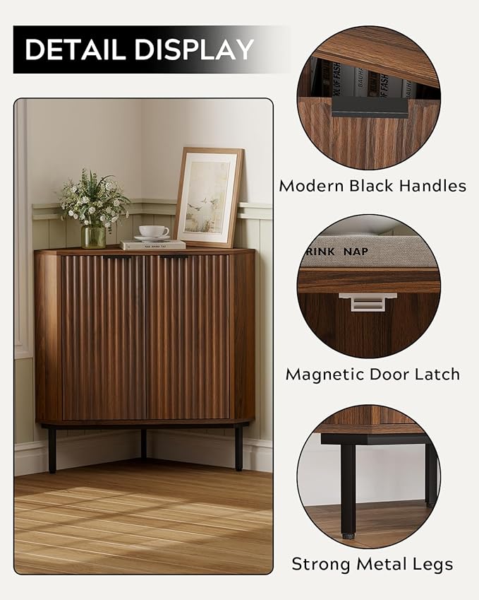 Fluted Corner Cabinet, Modern Small Floor Storage Cabinet with Adjustable Shelf, Wood Freestanding Narrow Organizer for Living Room Kitchen, Brown