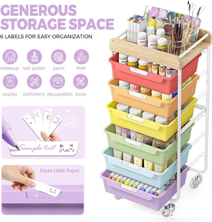 SYKIARIOL Rolling Cart with 6 Drawers, Utility Storage Cart with Labeling Jelly Bean Color Drawer for Classroom, Kids Room, Dorm, School, Storage Study Arts Craft Sewing Supplies Organizers
