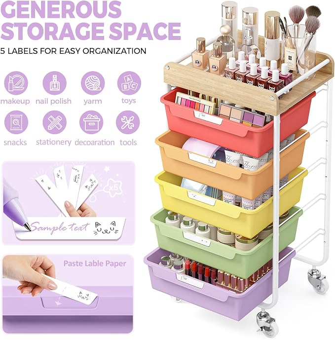 SYKIARIOL Utility Cart with 5 Labeling Drawers and Wooden Tabletop – Rolling Storage Cart for Crafters, Artists, Kids, Teachers, and Students – Organize Arts, Crafts, Sewing & Study Supplies