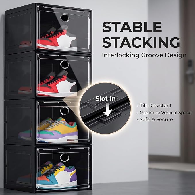Large Shoe Boxes Clear Plastic Stackable, 8 Pack Drop Side Shoe Storage Organizer with Magnetic Door, Shoe Container Sneaker Storage Display Case Fit up to US Size 13 Black