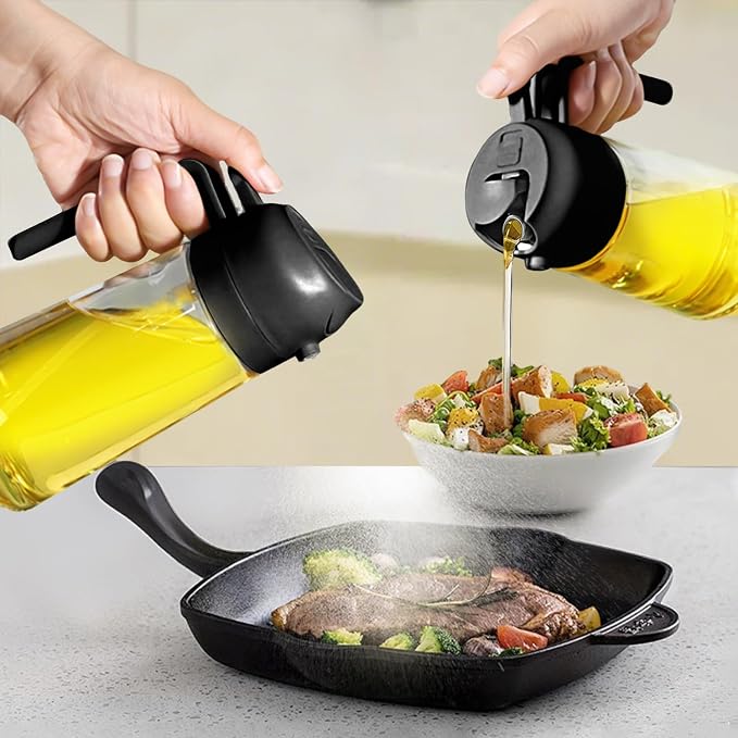 Oil spray can for kitchen, two in one leak proof plastic oil spray bottle, delicate handle spray olive oil can, reusable oil spray bottle, suitable for air frying pan, kitchen, salad, barbecue, baking