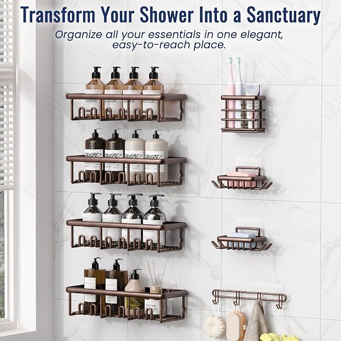 8 Pack Adhesive Rustproof Shower Caddy with Soap Dishes, Toothbrush Holder & Hooks, Large Capacity No-Drilling Shower Shelves Rack for Bathroom Organizers and Storage Accessories, Brown
