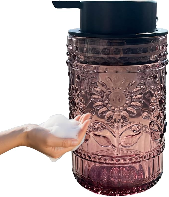 Foaming Hand Soap Dispenser,Vintage Glass Soap and Lotion Dispenser for Bathroom,Kitchen Dish Soap Dispenser with Silver Foam Pump,Cute Farmhouse Antique Decor (Pink+Foam Pump)