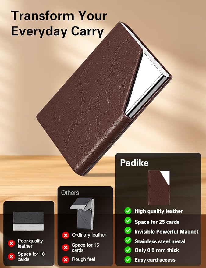 Padike Business Card Holder, Upgraded Leather Business Card Case Pocket Card Holders for Men or Women, Metal Slim Name Card Holder RFID Blocking Business Card Carrier with Magnetic Closure (Z-Coffee)