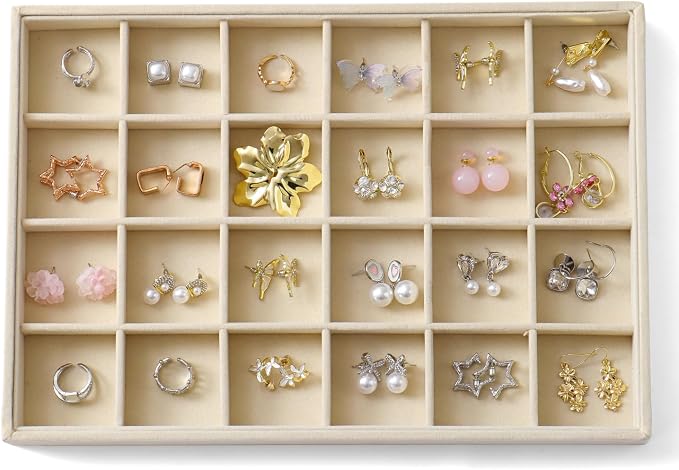 Large Jewelry Organizer for Drawer Insert Velvet Stackable Jewelry Trays for Earring Necklace Bracelet Ring Display (Beige, 24 Grids)