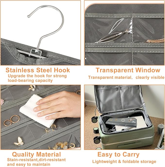 Hanging Jewelry Organizer, Gray, 80 Pocket | Double-Sided, For Earrings Necklace Bracelet, Clear PVC Window, For Closet, Door, Wall, Travel