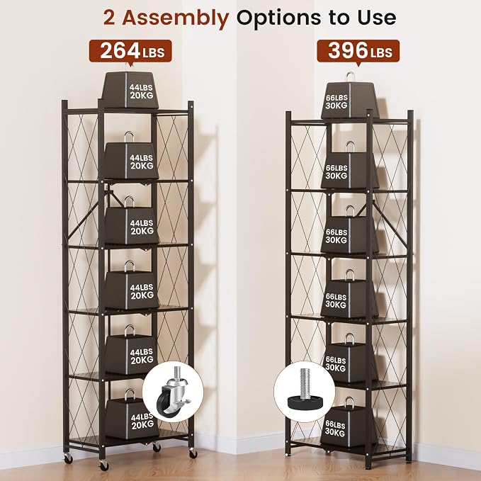 ALANNG 73.6 Inch Folding Bookshelf, 6 Tier Metal Bookcase and Bookshelves | Tall Shelves for Living Room Office Bedroom, Heavy Duty Book Shelve Free Standing Open (Black, 1PACK)
