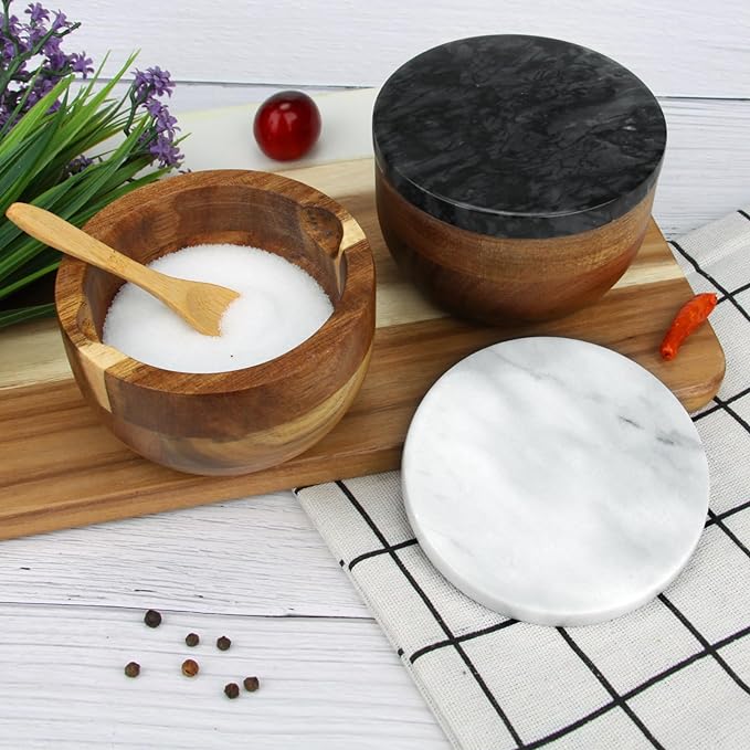 Salt Cellar Box with Lid & Spoon, Modern White Stone Salt or Pepper Sugar Spice Seasoning Bowl Container Jar Holder Well Keeper Dish Pig Crock for Kitchen (White Grey Marble Lid)