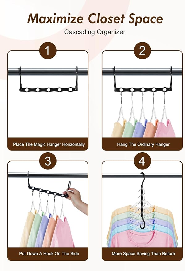 HOUSE DAY College Dorm Essentials 6 Pack, Multifunctional Closet Organizers | Back to School, Closet Organizers and Storage Magic Space Saving Hangers with 5 Holes, Storage Organization for Closet- Black