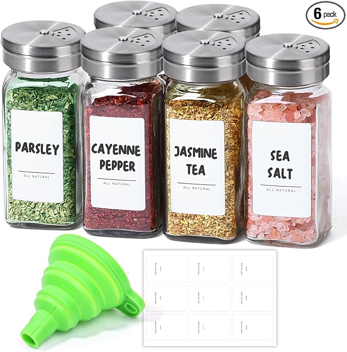 ComSaf Glass Spice Jars with Shaker Lids 4 oz 6 Pack Square | Labels, Seasoning Herbs Powders, Salt Pepper Chili, Spice Rack Organization, Kitchen Cabinet Storage, Funnel Included