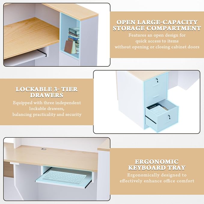 Ceridwen L-Shaped Large Wooden Reception Desk, Modern Front Desk Reception Counter with Lockable Drawers, Storage & Keyboard Tray for Office Lobby Checkout (Right-Oak & White, 71''L x 34''W x 41''H)