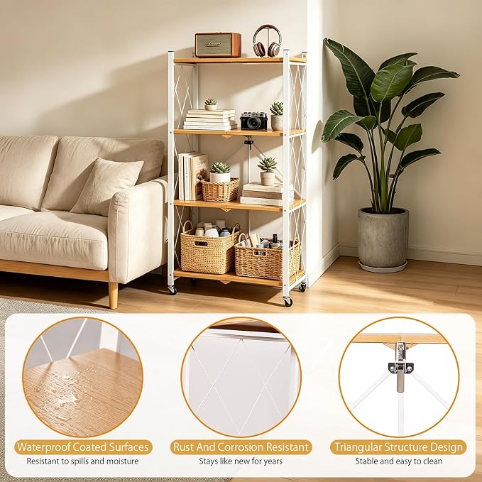 4-Tier Folding Storage Shelves with Wheels – No Assembly, Heavy Duty Collapsible Rolling Shelf Unit for Kitchen, Bedroom, Living Room