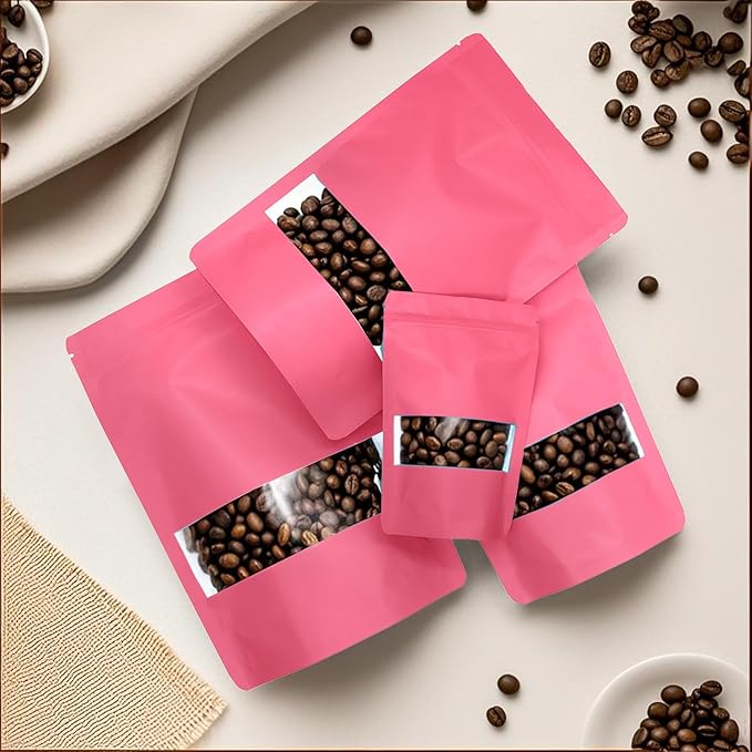 100PCS Foil Pouch Mylar Bags with Clear Window,ULIFESTAR Stand Up Sealable Bags with Tear Notches,Resealable for Food,Party Favors,Gift Packaging and Small Business(12 * 20cm/4.72 * 7.87",Pink)