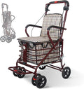 Foldable Shopping Cart with Seat, All-Terrain Wheels, 220 lbs Capacity, Comfortable Thickened Cushion, Easy to Fold and Store, FitS 59-72 Inches, 220lbs, Red