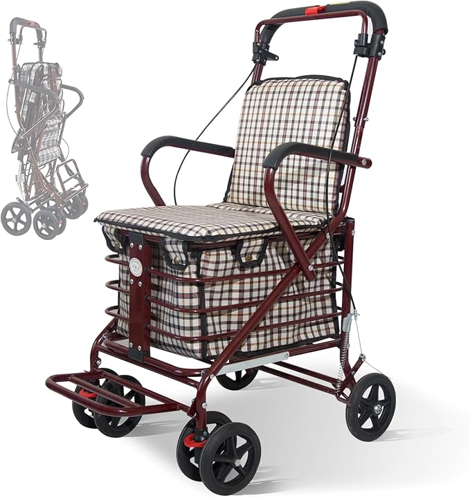 Foldable Shopping Cart with Seat, All-Terrain Wheels, 220 lbs Capacity, Comfortable Thickened Cushion, Easy to Fold and Store, FitS 59-72 Inches, 220lbs, Red