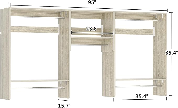 Unikito 36” - 96” Closet Systems, 8FT Walk in Closet Organizer Starter Kit with 5 Hanging Rod and 3 Shelves, Heavy Duty Reversible Wood Clothing Rack, Cut Be Cut to Fit, Max Load 1200 LBS, White Oak