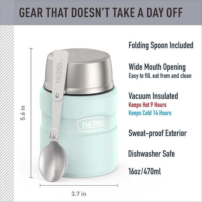 THERMOS Stainless King Vacuum-Insulated Food Jar with Spoon, 16 Ounce, Matte Light Blue