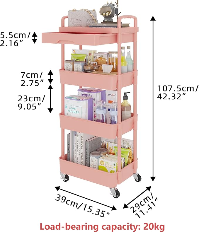 Calmootey 4-Tier Rolling Utility Cart with Drawer,Multifunctional Storage Organizer with Plastic Shelf & Metal Wheel,Storage Cart for Kitchen,Bathroom,Living Room,Office,Pink | Space-Saving Organizer, Sturdy Plastic Shelves, Smooth-Rolling Metal Wheels...