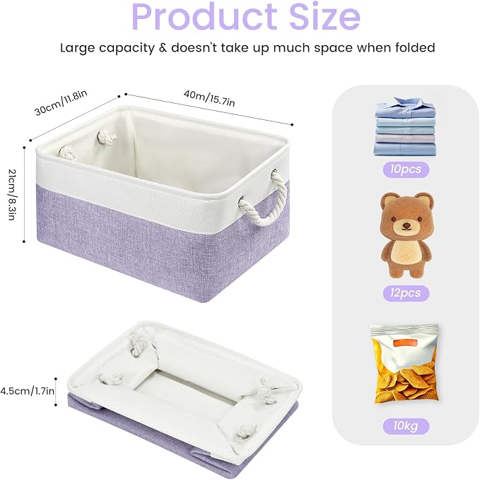 Large Storage Baskets- 15.7x11.8x8.26 inch Storage Bins for Shelves and Closet Organizing, Foldable Fabric Bin for Home Organization Clothes and Laundry (1-Pack, White&Purple)