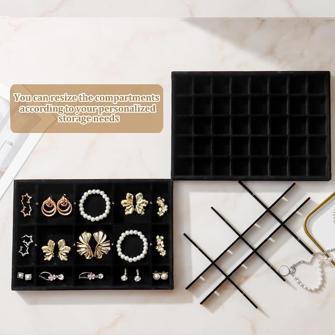 Large Jewelry Organizer for Drawer Insert Velvet Stackable Jewelry Trays for Earring Necklace Bracelet Ring Display (Black, 40 Grids)