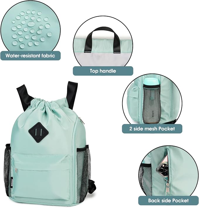 WANDF Drawstring Backpack with Shoe Compartment, Sports Gym Bag | Multi-Pocket Storage, Water-Resistant Fabric, Cinch String Bag