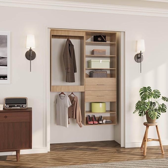 ROOMTEC Modular Closet System, 61" Wall Mounted Closet Organizer with Hanging Rods and Drawers, Wooden Tower for Walk-In Closets, Wardrobe Storage Kit, Wood